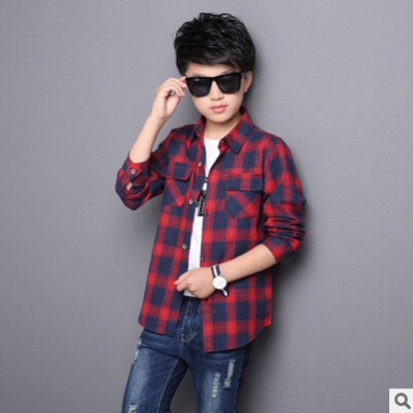 Boys Shirt 2019 New Spring/Autumn Boys Casual Shirt 2 Pockets 2 Plaid colors Leisure Turn-Down Collar Shirt Tide Size6-14 ly161