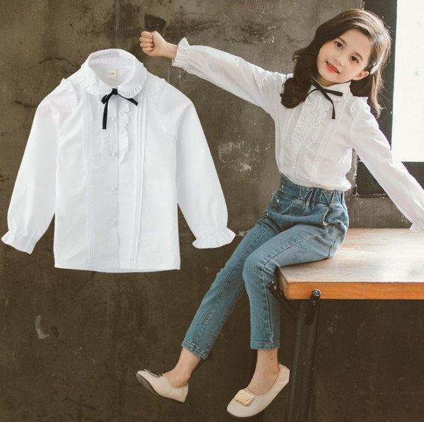 Girls Long Sleeve Bow White Shirt Childrens Ins Korean Style Clothing Fashion Solid Top Kids Pearl Button Casual Shirt