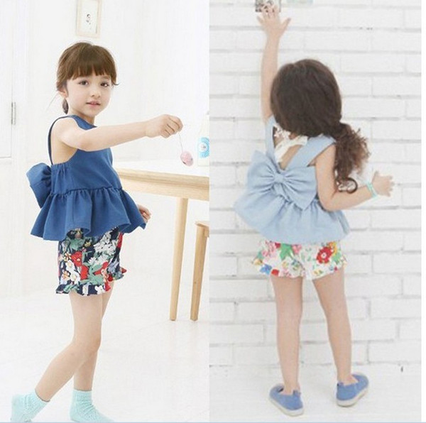 Summer Children Girls Denim Sleeveless Bowknot Top Tees+ flower Short Pant Kids Summer floral 2pcs Outfit Sets Children Clothing B473