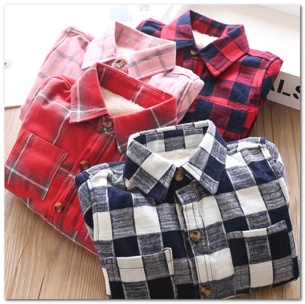 Kids plaid shirt girls lapel long sleeve lattice casual tops children velvet thicken thicken warm shirt kids all matching clothing J1067