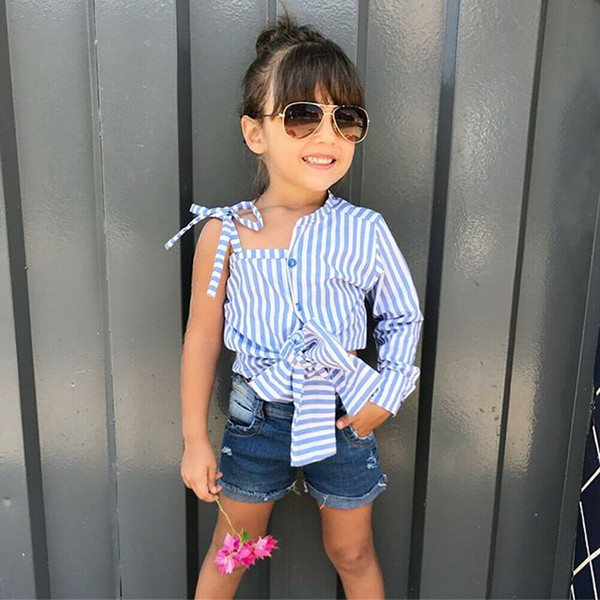 Baby Girl Kid One Shoulder Summer Tops Blouse Clothes Fashion Children Girl Striped Long Sleeve Shirt Blouse