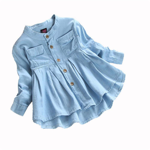 Toddler Kid Baby Girls Denim shirt blouse Ruched Long Sleeve Shirt Tops Blouse Sping Autumn Clothing vetement enfant fille