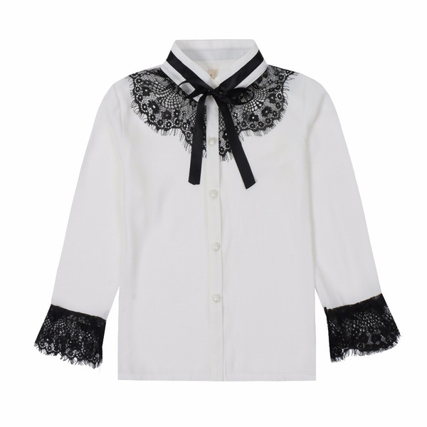 Teenage Children Blouses For Girls School Uniforms Full Sleeve Chiffon White Shirts Lace Patchwork Students Tops 18M 2 6 8 12 14