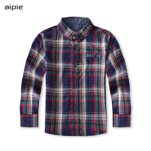 aipie New Brand Children Boys Shirts European and American Style Plaid Double layer Cotton Full-sleeved Children Shirts Cloth