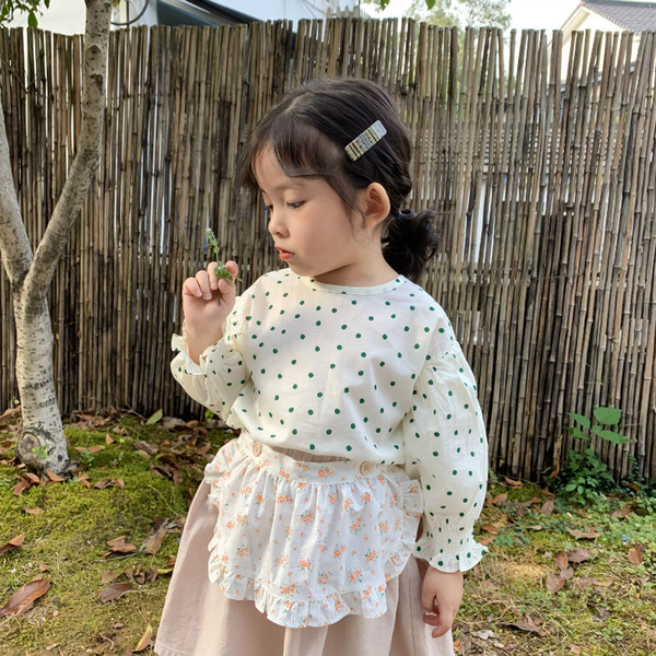 Spring Models Childrens Clothing Korean-Style Polka Dot Ribbon Wawa Shan Children Baby Girls round-Neck Lantern-Sleeve Top