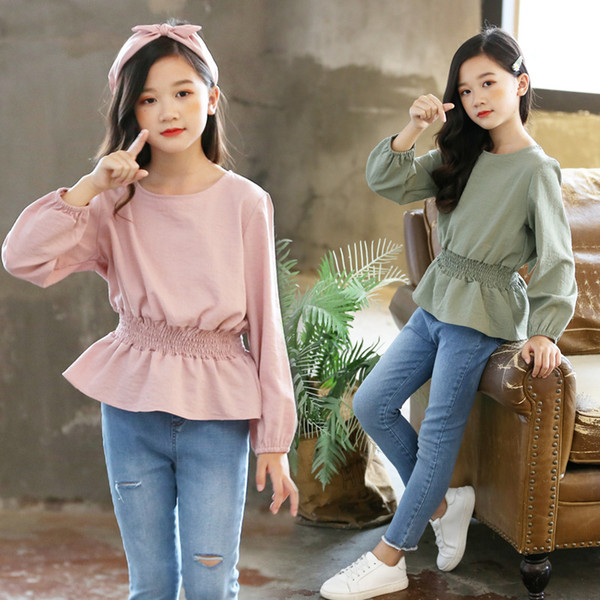 Pink Green Cotton Linen Blouses Girls Tops Clothing Casual 2020 Spring Autumn Shirts Blouse Kids Bow Long Sleeve Shirts Clothes