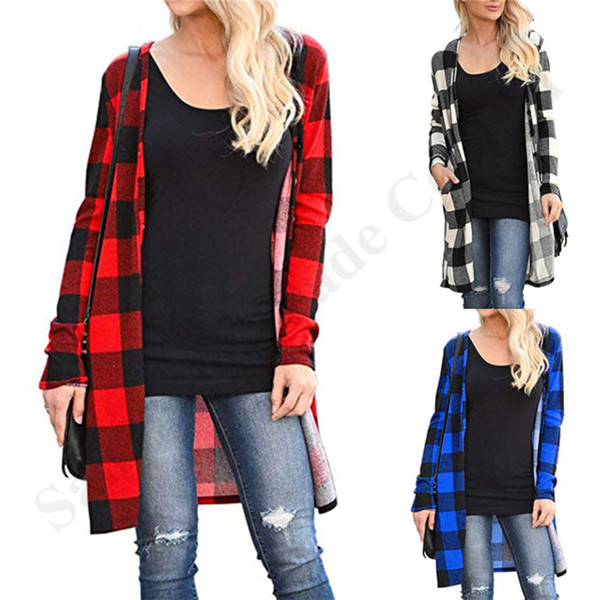 Plaid Women Button Up Cardigan V-neck Coat Contrast Color Match Long Sleeve Coat Long Overalls Oversized Blouses Loose Sweater Coats A120504