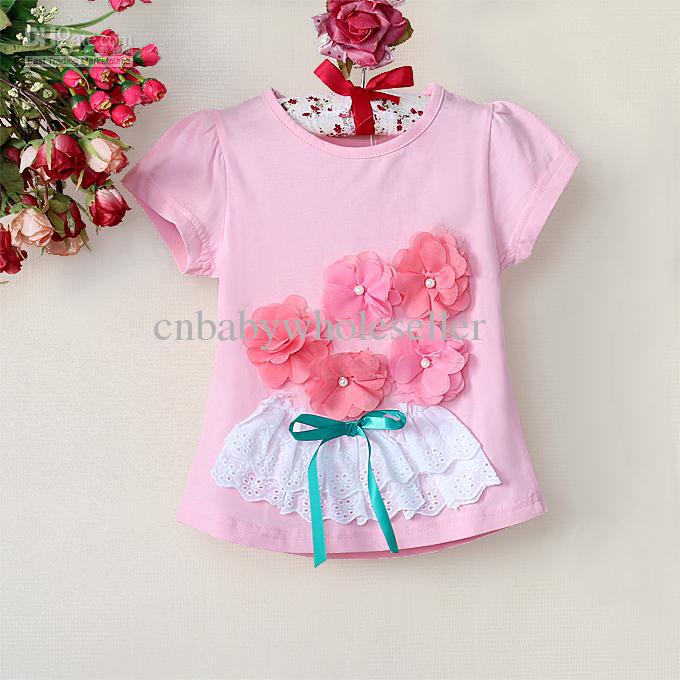 Summer Fashion Girl Tee Shirt Pink Short Sleeve Tops With Flower Decoration Cute Kids Clothes 5pcs/lot