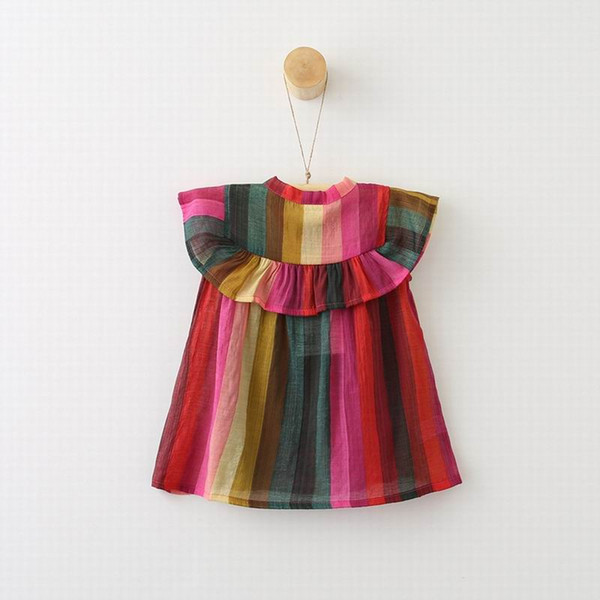 Retail 2018 Summer New Girl Shirts Colorful Stripe Chiffon Flare Sleeve Fashion Blouse Children Clothing 2-7Y E0328