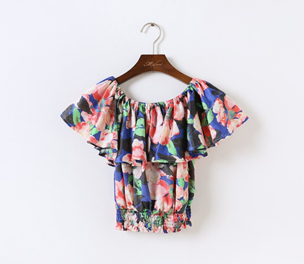 Shoulder off collar ruffled floral chiffon shirt seaside holiday fragrance short-sleeved shirt beach clothing 6 p/l