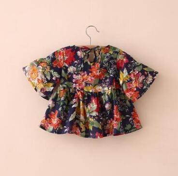 Wholesale- 2018 New Fashion Sunshine Summer Girls Kids Flowers Floral Print Blouse Batwing Short Sleeves Shirts