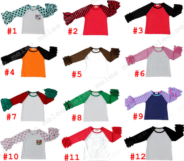 Girls raglan Tops Kids icing ruffle shirts Girl Striped Dot O-neck shirts Spring Autumn T-shirt 21styles