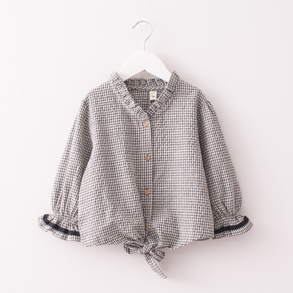 Spring Autumn Baby Girls Plaid Shirt Knot Flare Sleeve V Neck Tops Blouse Children Casual Shirts Clothing 4423