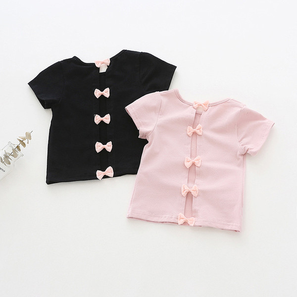 kids designer clothes girls shirt summer Short Sleeve Solid Color Back Bow Design summer shirt girl O-neck 100% cotton t shirt 2 colors