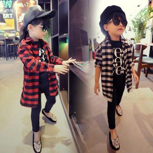 2015 Spring children's clothing new style children shirts girls big grid sleeve shirt kids casual shirt 5pcs/lot C001