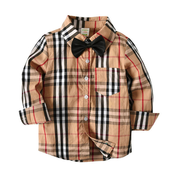 Spring and Autumn Kids Boys Shirt Long Sleeved Classic England Style Plaid Baby Shirts with Bow-tie Kids Party Clothing HB07