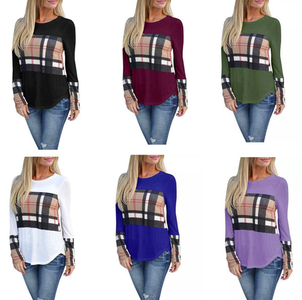 Plus size Women Plaid Panel Long Sleeve T-shirt Autumn Winter Patchwork Shirts Blouses Casual Pullover Tops Ladies Girls Tshirts Sweatshirt