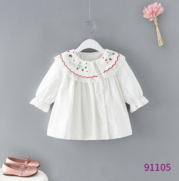 Girls shirt 2019 new children falbala collar long sleeve shirt kids cherry embroidered princess tops children cotton blouse