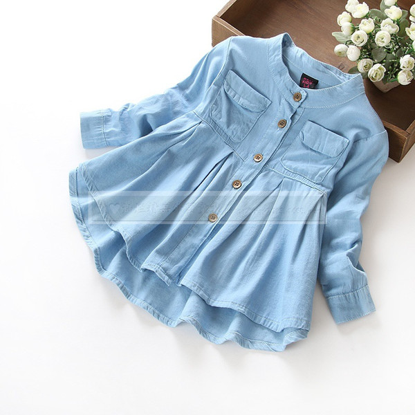 Girl's Korean Washed Denim Shirt Child's Ruffled Hem Doll Shirt Fashion Denim Shirt Designed for Girl's