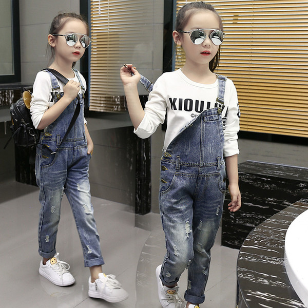 2017 Children's Clothing Ripped Jeans Baby Girl Leisure Denim Overalls