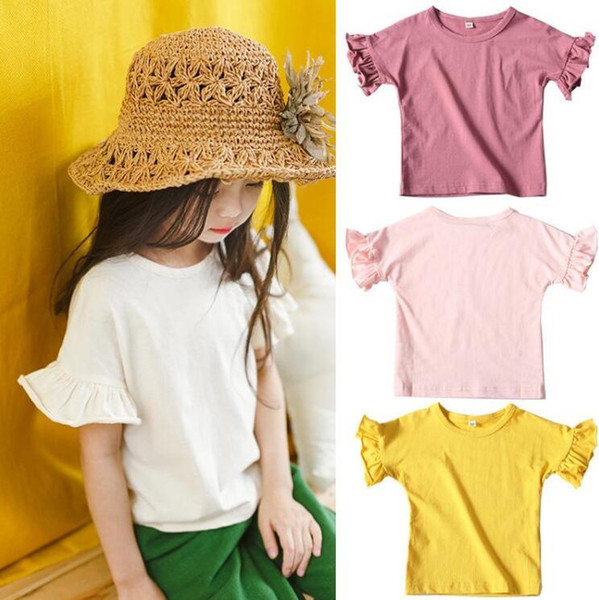 Kids clothing t shirt 100% cotton O-neck Ruffles short sleeve girl t shirt solid color summer t-shirt kids designer clothes girls