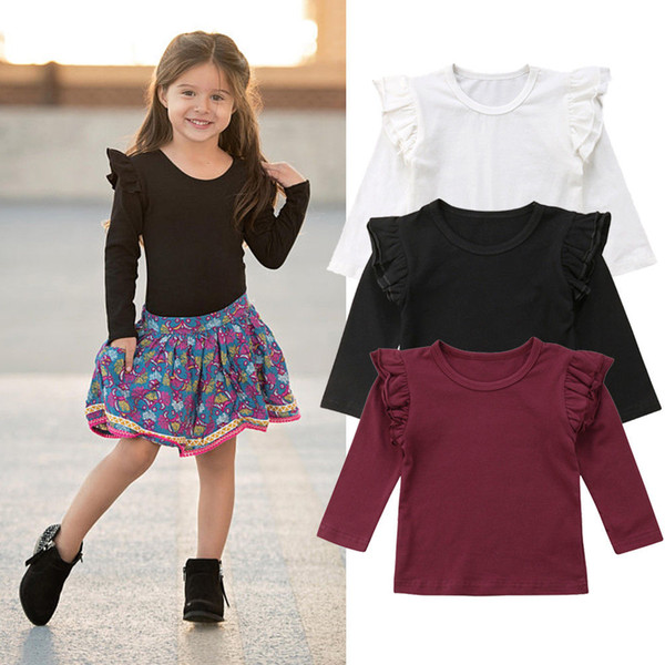 2019 Kids Girls Long Sleeve Soild Blouses Shirts Ruffles Sleeves Red Black White Classic Tops Casual Clothes Brief Preppy Kids Clothing 1-6T