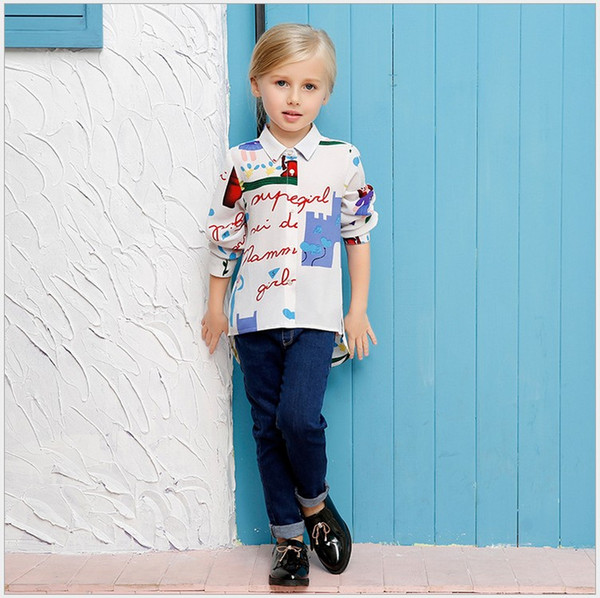 New Big Girl 2016 Spring Autumn Colorful Graffiti Long Sleeve Fashion Shirt Girls 100% Cotton Lady Style Turn-down Collar Casual Shirts