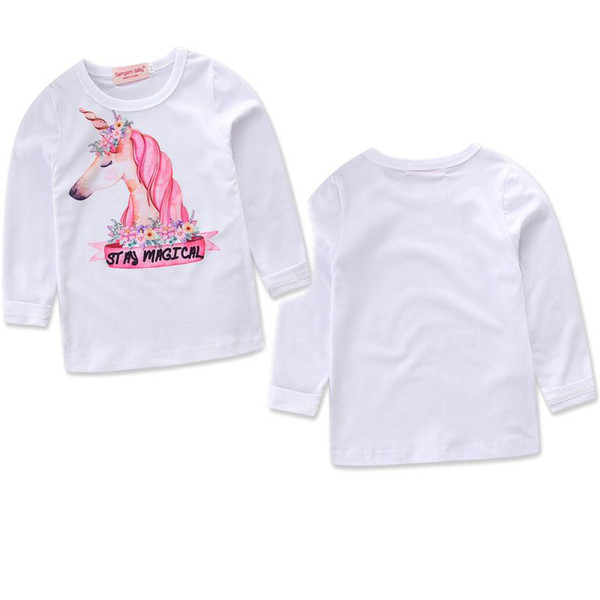 INS Girl Unicorn print shirt Children Summer Autumn Long Sleeve Tops Kids White base shirt Size80-110