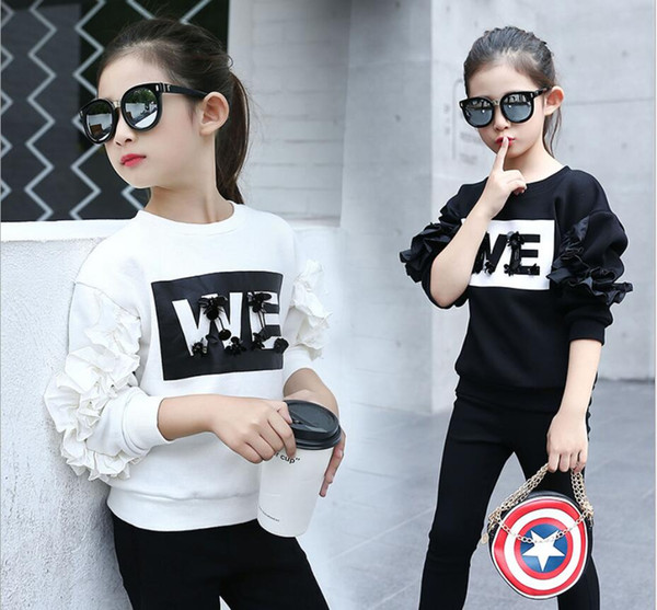 New Sale Girls Sweatshirt Big Children Korean Fashion Trends Clothes Kids Casual Letters Printing Ruffle Shirts