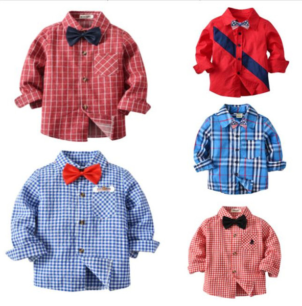 Kids Boys Autumn Plaid Shirts Fashion Long Sleeve Cotton Blouse with Bow Tie for Baby England School Gentleman Trend Children Clothes Top