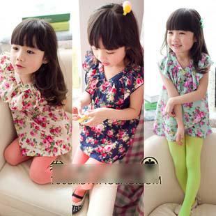 HOT Spring Kid's clothing girls V-neck dresses tops t-shirt Sleeveless floral dress 5 pcs lot