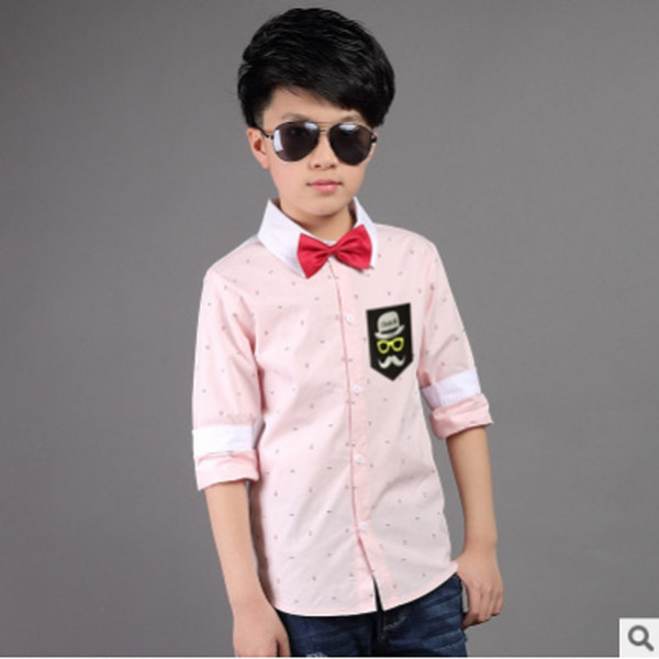 Boys Shirt 2019 New Spring and Summer Boys Iron Anchor Patchwork Shirt 3 Colors Leisure Turn-Down Collar Shirt Size4-14 ly257