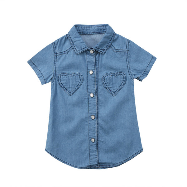 2018 Short Sleeves Toddler Kids Baby Girls Blue Casual Denim shirt Party Pageant Dress Tops Summer Clothes