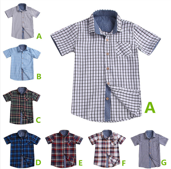 Summer kids boys plaid shirts short sleeves uniforms 7 colors checks big teens school classic tops clothes gentleman suit kid clothing B11