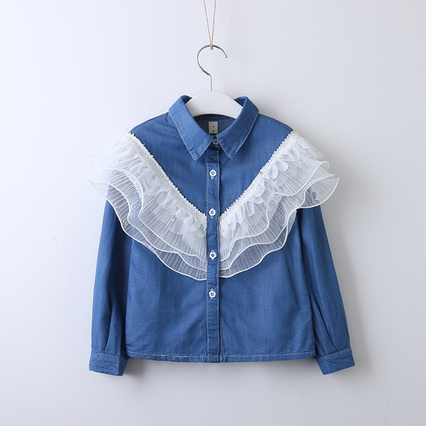 2019 Spring new kids denim shirt girls multilayer lace falbala jean blouse children lapel single breasted long sleeve princess tops