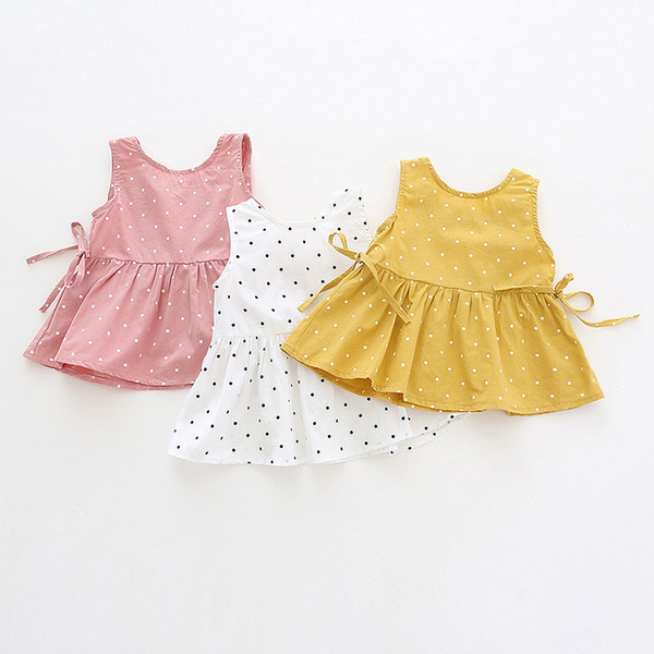 3 Colors Summer Dot Blouses Tops Linen Cotton Baby Clothes Shirts for Girls Children Kids Sleeveless Cute Bowknot Princess Kid Shirts Dress