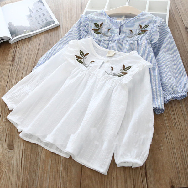 Spring autumn kids girls clothes embroidery flower girls shirts long sleeved round collar draped tops girl clothing white top shirt fashion