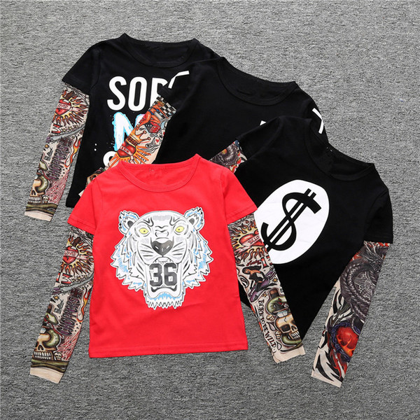 Tattoo INS T-shirt Kids Hip Hop Style Animal T shirts Cartoon Letter Cotton Long Sleeve Tops Summer Toddler Tees Children T Shirts IC879