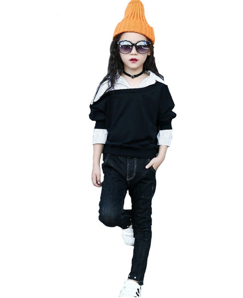 Kids Girls Blouses with Collar Stripe Patchwork Long sleeve Shirt Fashion Children Girl Spring Clothing Girls Shirt Tops Black