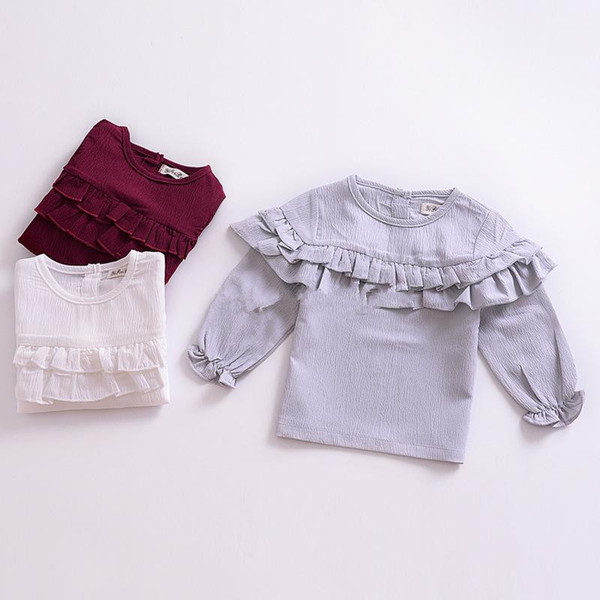 Baby girls Ruffle T shirts 2019 Spring Autumn Puff Sleeve Tops cotton children Tees kids Clothing Lotus leaf Bottoming shirt 3 colors