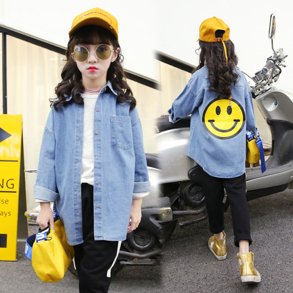 Girls long-sleeved denim shirt spring new children's casual loose cartoon foreign long coat