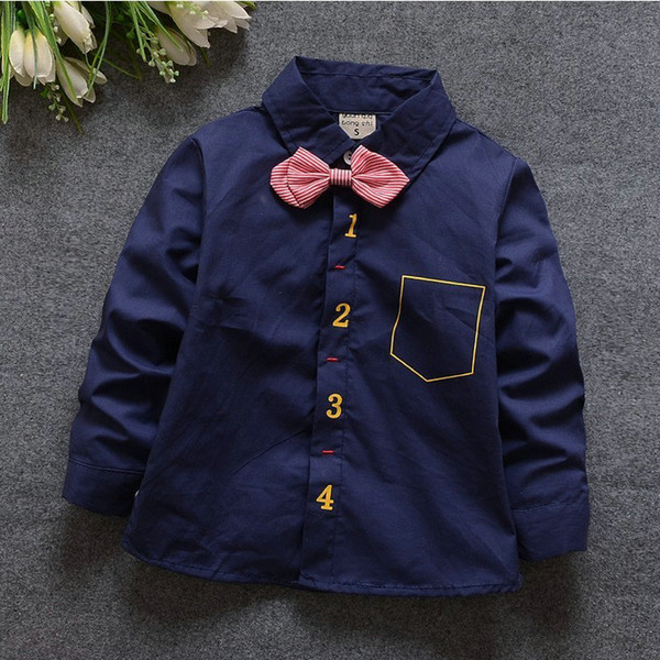 2016 Fashion boys cotton shirt cool figure print necktie bow long Sleeve Shirt spring Children Shirts Kids tee Clothing bc206