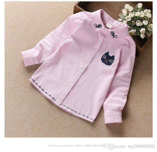 free shipping new cotton Long-sleeved with velvet Striped embroidered patch black cat doll collar shirt blue color size 90-130