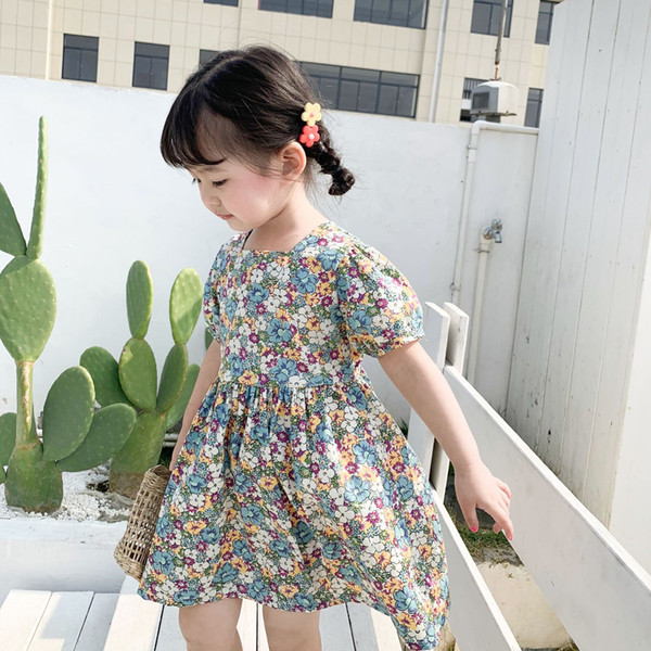 Spring and summer new style girls dress color square-collared short-sleeved princess dress