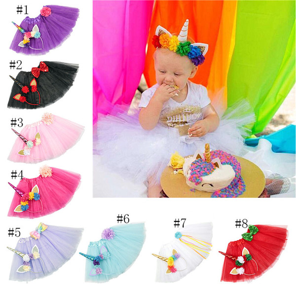 INS Newborn Tutu Skirt With Unicorn Horn Headband 2pcs/set Girls Birthday Photography Props 2018 Kids Princess Clothes 8 colors C3653