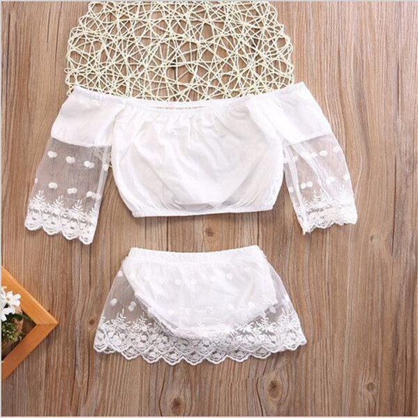 Baby Cute Skirt Suit Girls Summer Outfits Lace Sleeve Off Shoulder Crop Tops T-shirt+Short Skirt Shorts 2pcs Clothes Set 70-100cm E22501