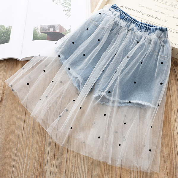 Kids girls tulle skirts summer fashion denim shorts splicing polka dots gauze children princess skirt 2019 new kid clothes