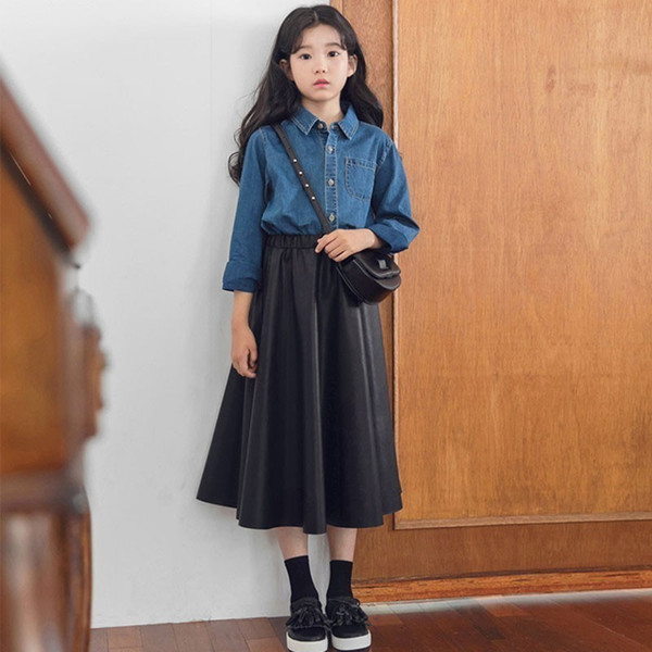 Pu Leather Teenage Girls Skirts For School Black Toddler Skirt Kids Long ONE Line Spring Autumn 2019 Mother And Daughter Clothes