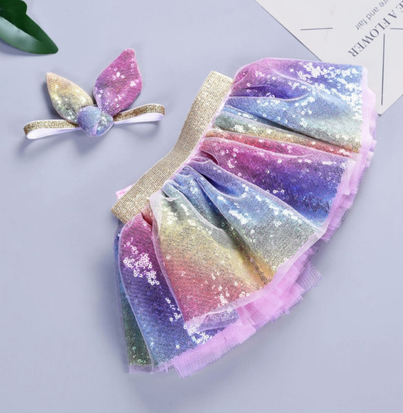 INS Baby Skirts Mermaid Sequin Tutu Pettiskirt Headband 2pcs Sets Kids Party Dancewear Baby Girls Clothing S M L Optional YW2558