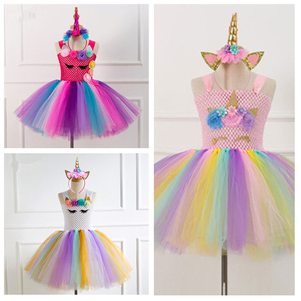 Unicorn Girls Dresses Unicorn headband set kids Princess Dresses Cartoon Unicorn tutu skirt 6 color dress skirt with headdress